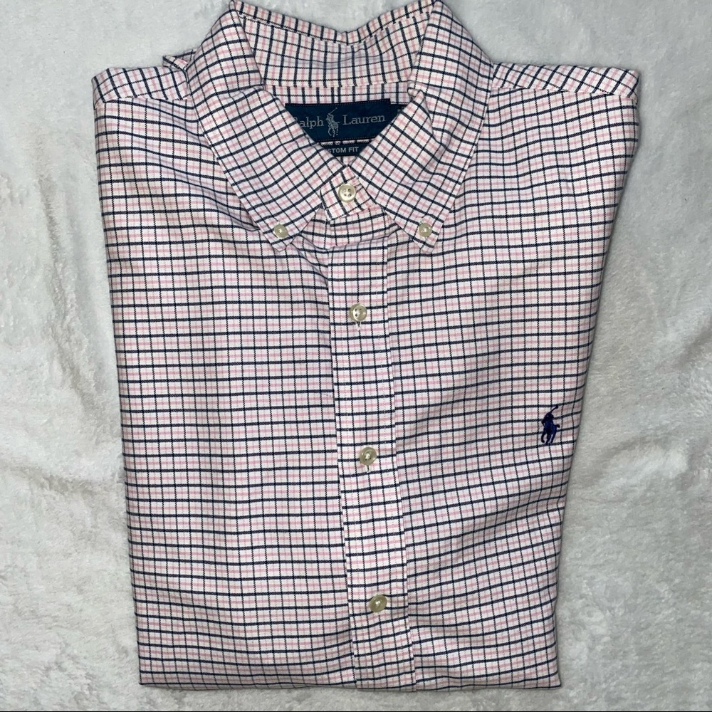 Ralph Lauren Men’s Pink, Navy, and White Plaid Oxford Shirt - Custom Fit